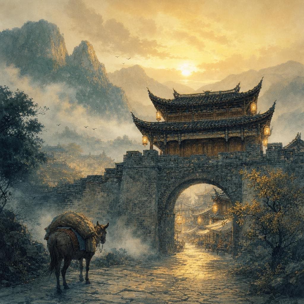 The Night Peddler, a Chinese reading game on a lantern-lit mountain road