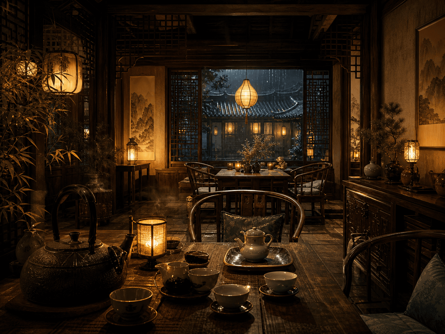Learning Chinese for your partner: a warm lantern-lit tea room with a set table, artwork from Chenjin