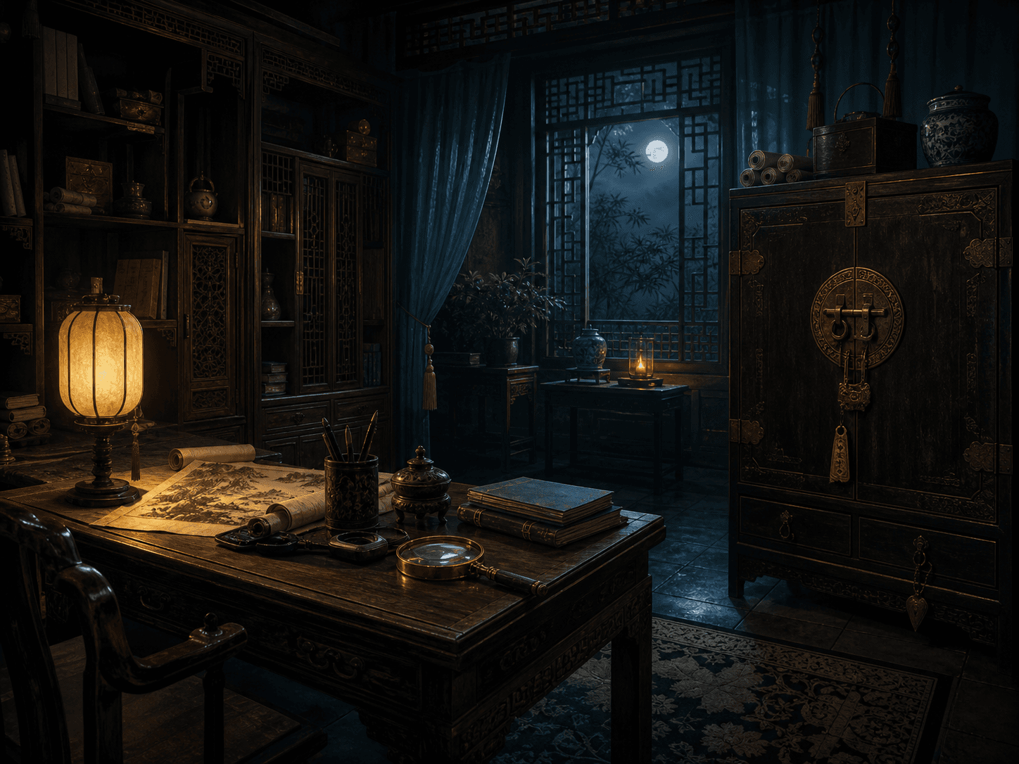 A Chenjin mystery game scene where players interrogate suspects in Chinese